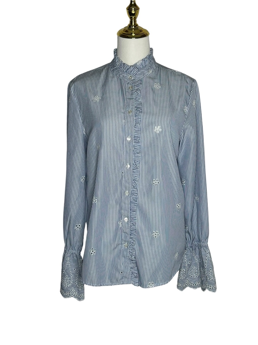 Max Jeans Cottagecore Striped Coquette Ruffle-Trim Eyelet Blouse Sz M Blue White